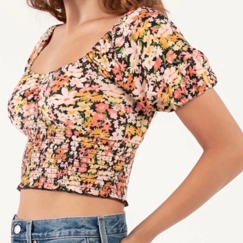 Billabong Floral Smocked Puff Sleeve Crop Top Size L 100% Cotton Pink Boho Beach